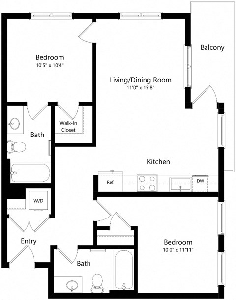 Floor plan for 2 beds, 2 baths, 868 sqft