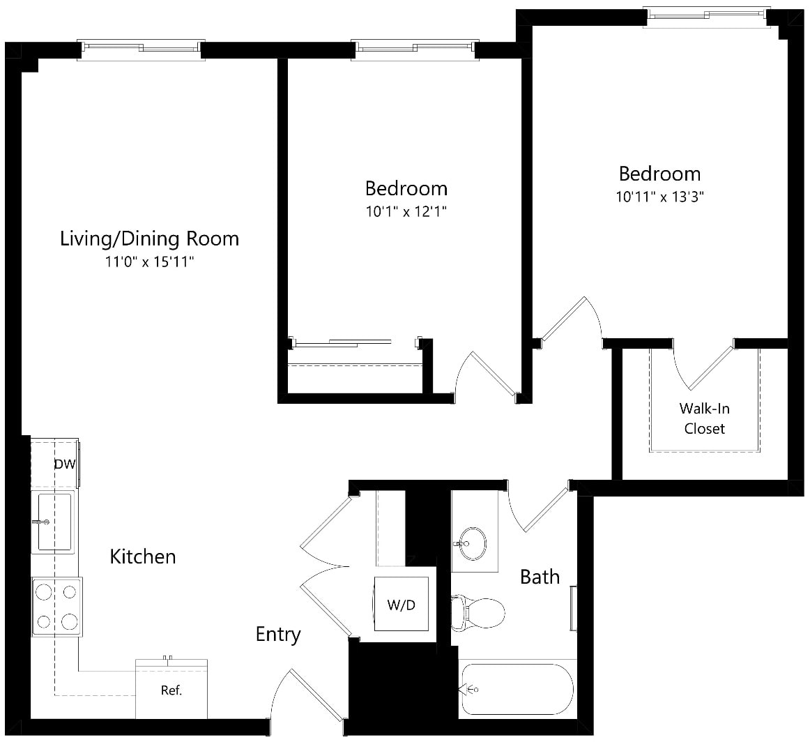 Floor plan for 2 beds, 1 bath, 891 sqft