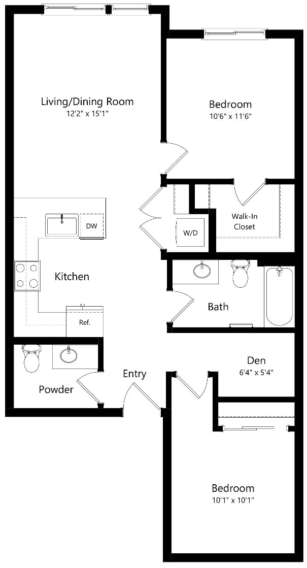 Floor plan for 2 beds, 1.5 baths, 906 sqft