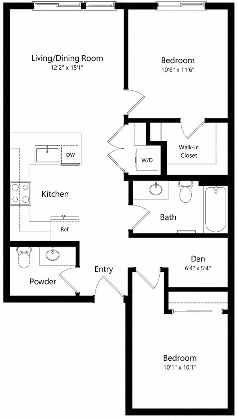 Floor plan for 2 beds, 1.5 baths, 928 sqft