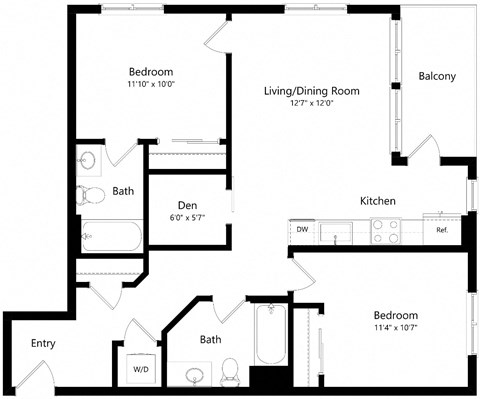 Floor plan for 2 beds, 2 baths, 939 sqft