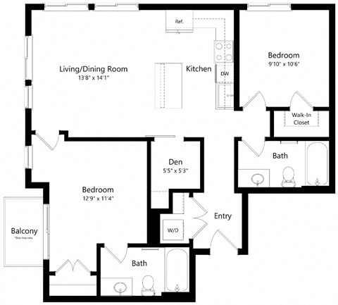Floor plan for 2 beds, 2 baths, 947 sqft