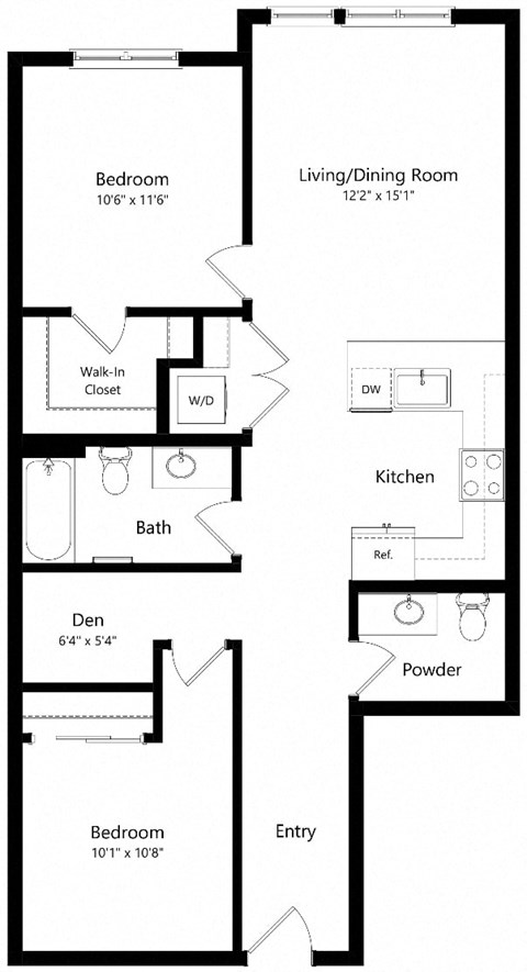 Floor plan for 2 beds, 2 baths, 970 sqft