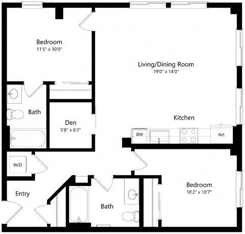 Floor plan for 2 beds, 2 baths, 971 sqft