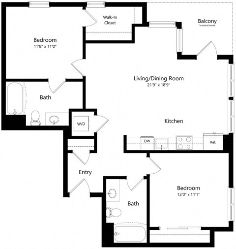 Floor plan for 2 beds, 2 baths, 975 sqft