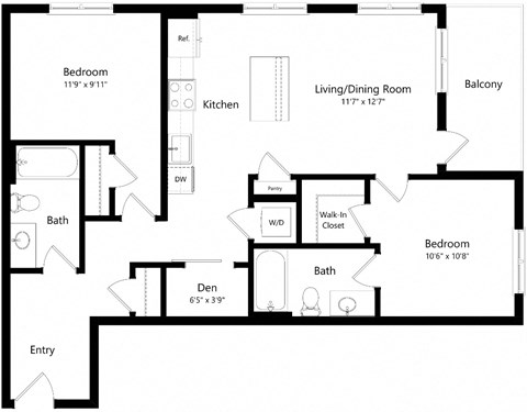 Floor plan for 2 beds, 2 baths, 976 sqft