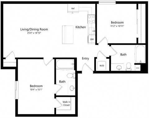 Floor plan for 2 beds, 2 baths, 998 sqft