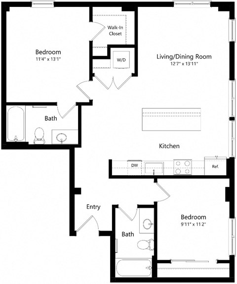 Floor plan for 2 beds, 2 baths, 985 sqft