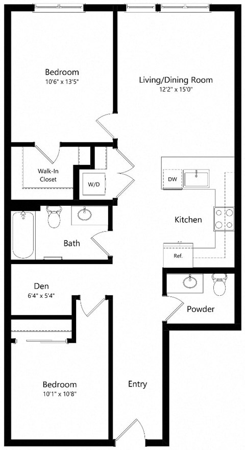 Floor plan for 2 beds, 1.5 baths, 992 sqft