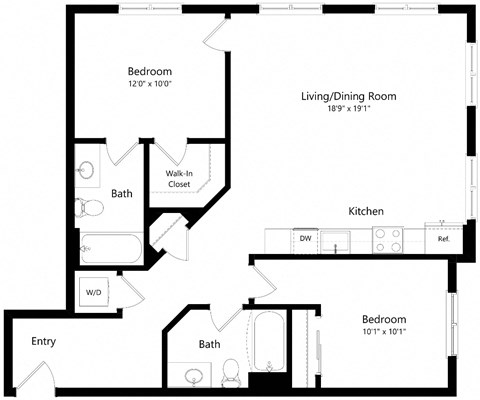 Floor plan for 2 beds, 2 baths, 995 sqft