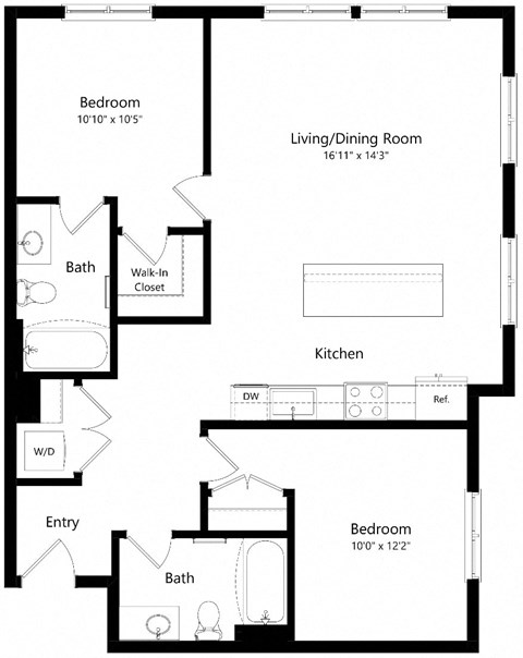 Floor plan for 2 beds, 2 baths, 1012 sqft