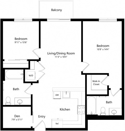 Floor plan for 2 beds, 2 baths, 1010 sqft