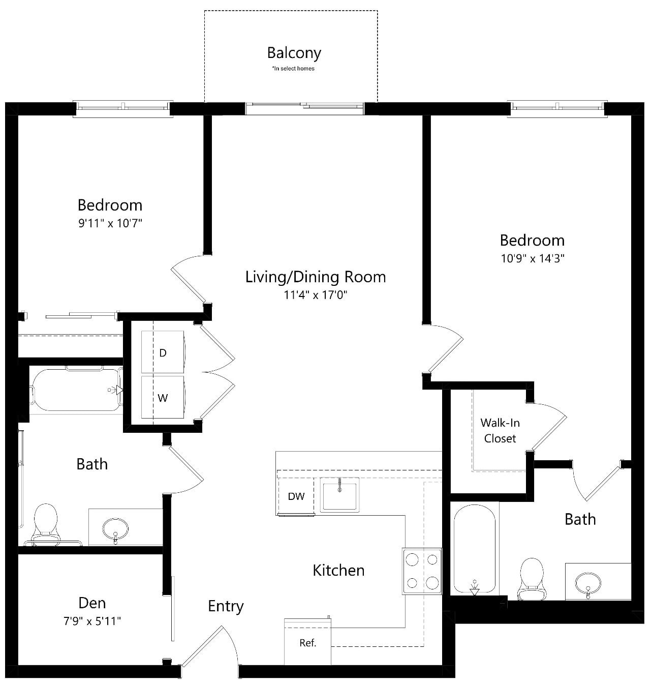 Floor plan for 2 beds, 2 baths