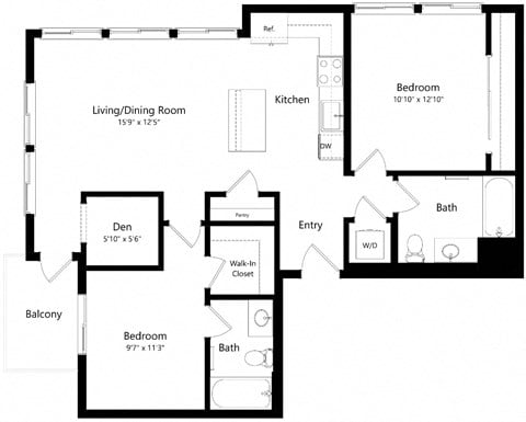 Floor plan for 2 beds, 2 baths, 1027 sqft