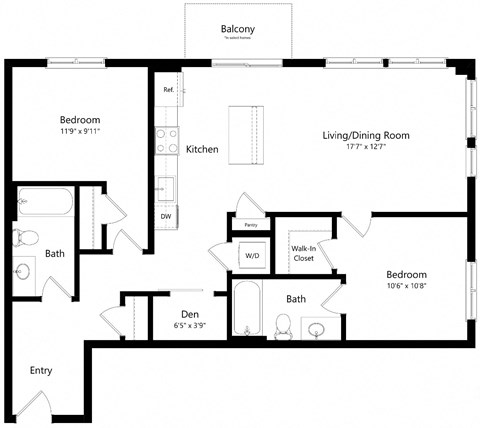 Floor plan for 2 beds, 2 baths, 1055 sqft