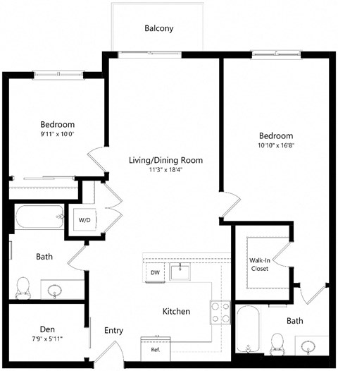 Floor plan for 2 beds, 2 baths, 1066 sqft