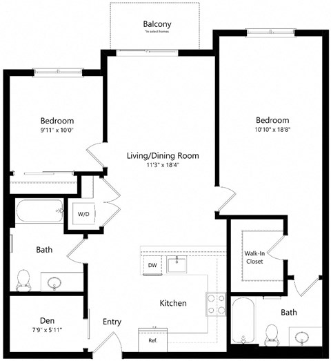 Floor plan for 2 beds, 2 baths, 1090 sqft