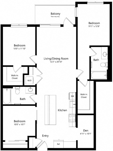 Floor plan for 3 beds, 2 baths, 1250 sqft