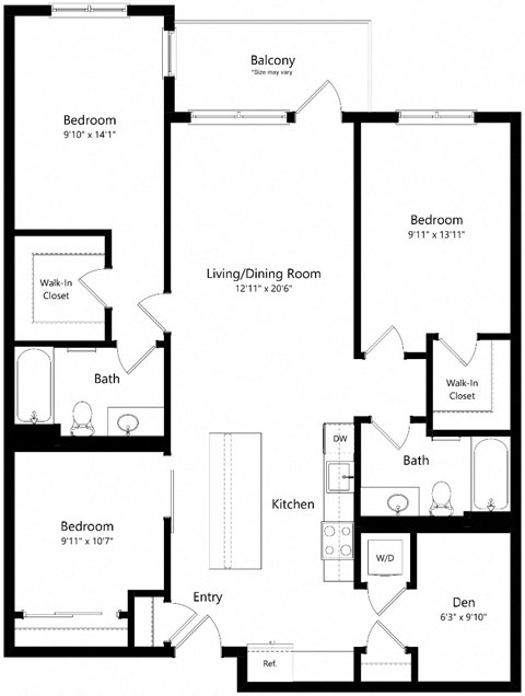 Floor plan for 3 beds, 2 baths, 1335 sqft