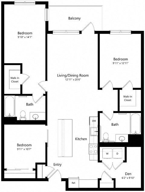 Floor plan for 3 beds, 2 baths, 1335 sqft