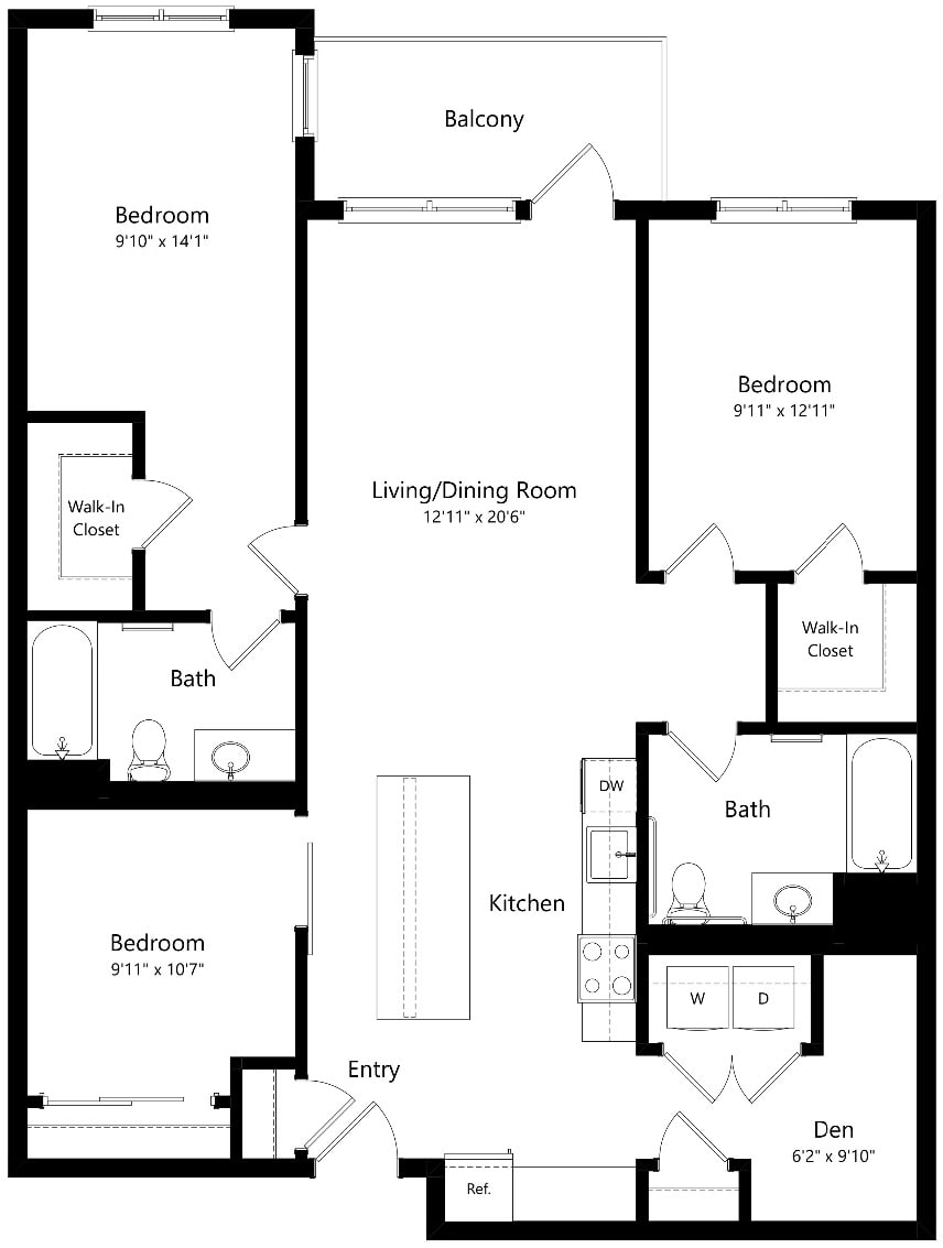 Floor plan for 3 beds, 2 baths