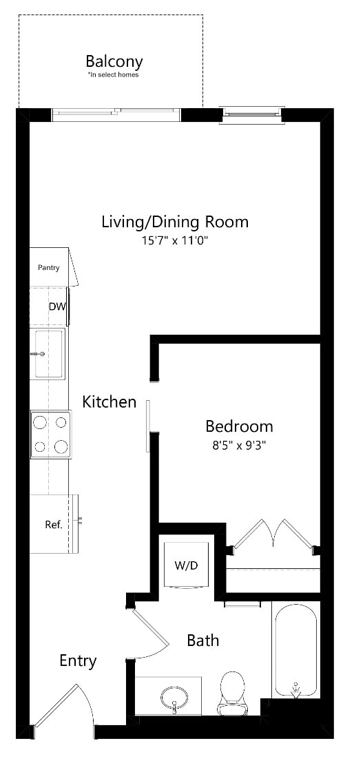Floor plan for 1 bed, 1 bath