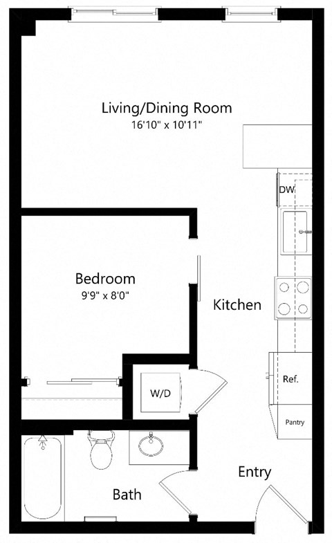Floor plan for 1 bed, 1 bath, 541 sqft