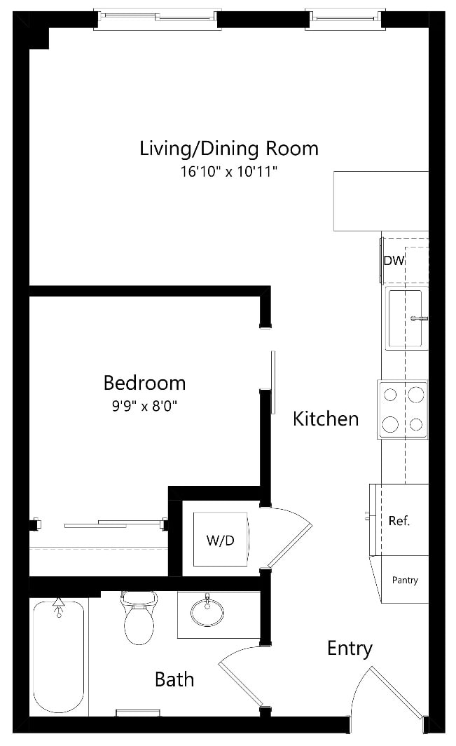 Floor plan for 1 bed, 1 bath