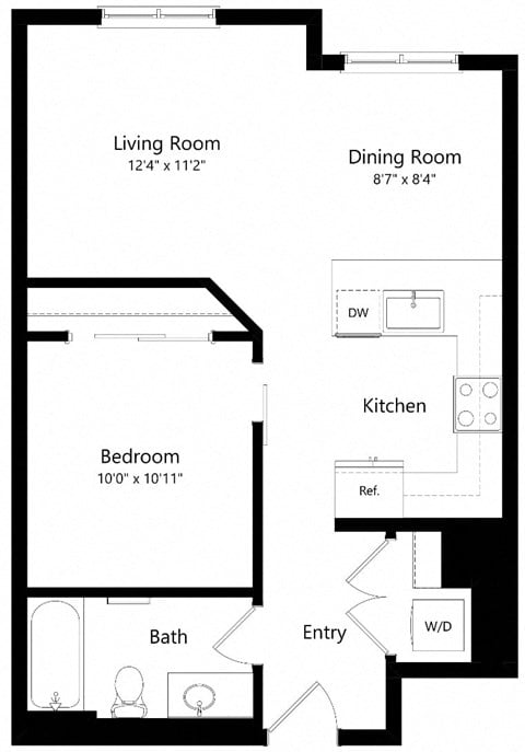 Floor plan for 1 bed, 1 bath, 671 sqft