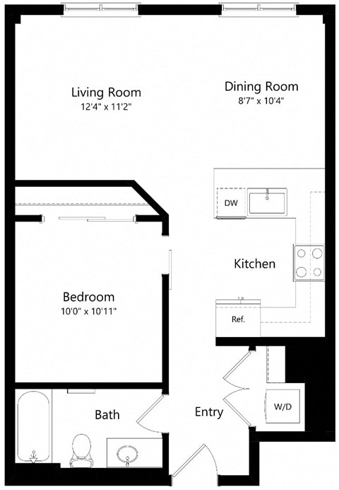 Floor plan for 1 bed, 1 bath, 686 sqft
