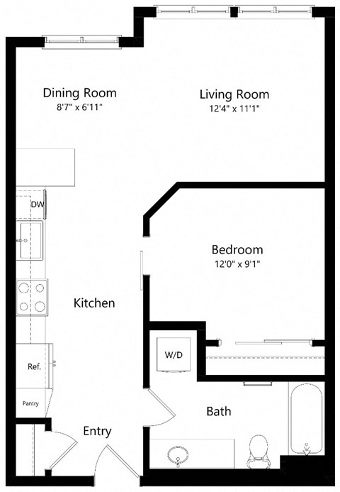 Floor plan for 1 bed, 1 bath, 686 sqft