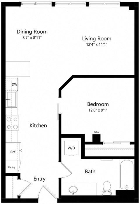 Floor plan for 1 bed, 1 bath, 700 sqft