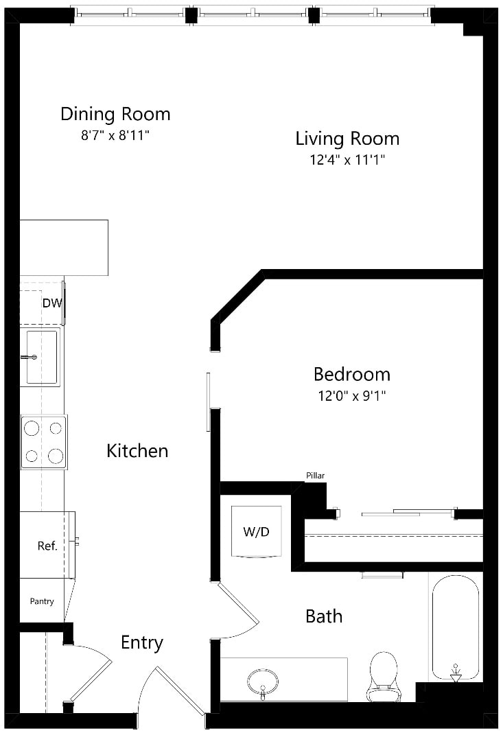 Floor plan for 1 bed, 1 bath