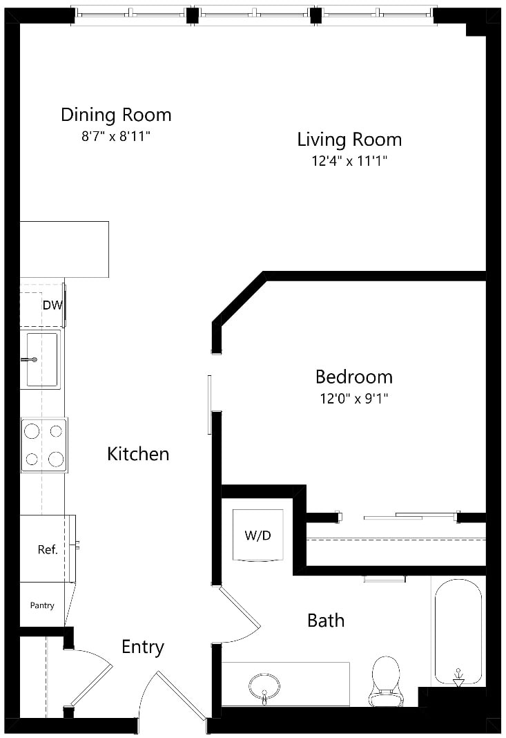 Floor plan for 1 bed, 1 bath, 704 sqft