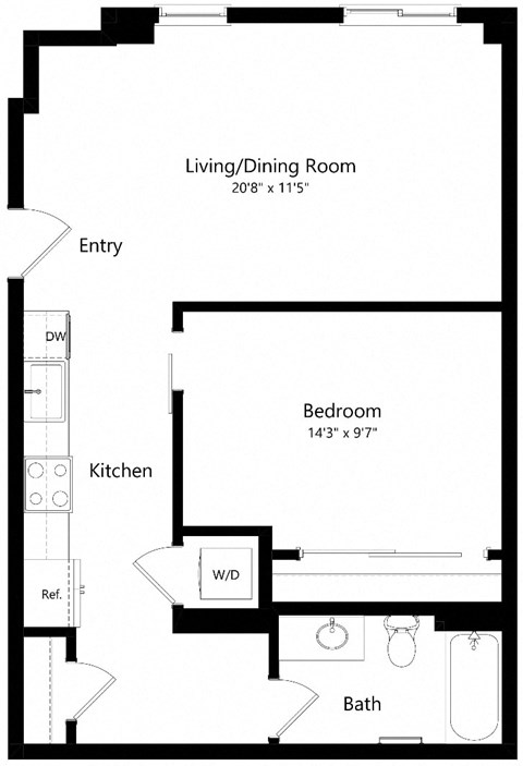 Floor plan for 1 bed, 1 bath, 721 sqft