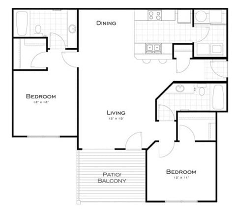 Floor plan for 2 beds, 2 baths, 1158 sqft