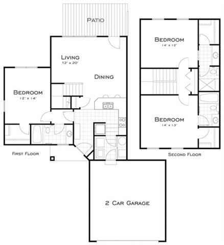 Floor plan for 3 beds, 3 baths, 1530 sqft