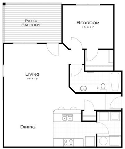 Floor plan for 1 bed, 1 bath, 865 sqft