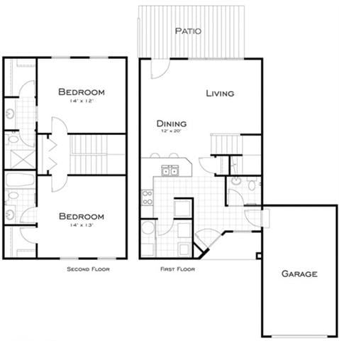 Floor plan for 2 beds, 2.5 baths, 1269 sqft