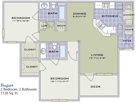 Floor plan for 2 beds, 2 baths, 1128 sqft