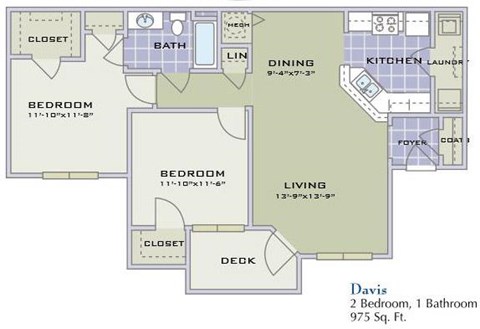 Floor plan for 2 beds, 1 bath, 975 sqft
