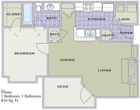Floor plan for 1 bed, 1 bath, 816 sqft