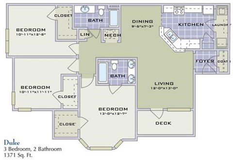 Floor plan for 3 beds, 2 baths, 1371 sqft