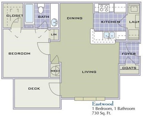 Floor plan for 1 bed, 1 bath, 730 sqft