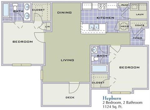 Floor plan for 2 beds, 2 baths, 1124 sqft