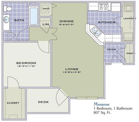 Floor plan for 1 bed, 1 bath, 807 sqft