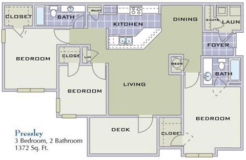 Floor plan for 3 beds, 2 baths, 1372 sqft