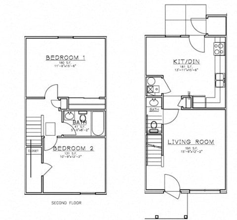 Floor plan for 2 beds, 1.5 baths, 954 sqft