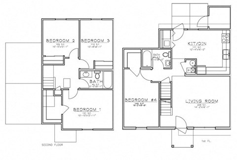 Floor plan for 4 beds, 2 baths, 1435 sqft
