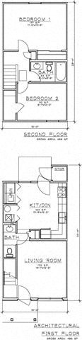 Floor plan for 2 beds, 1.5 baths, 954 sqft